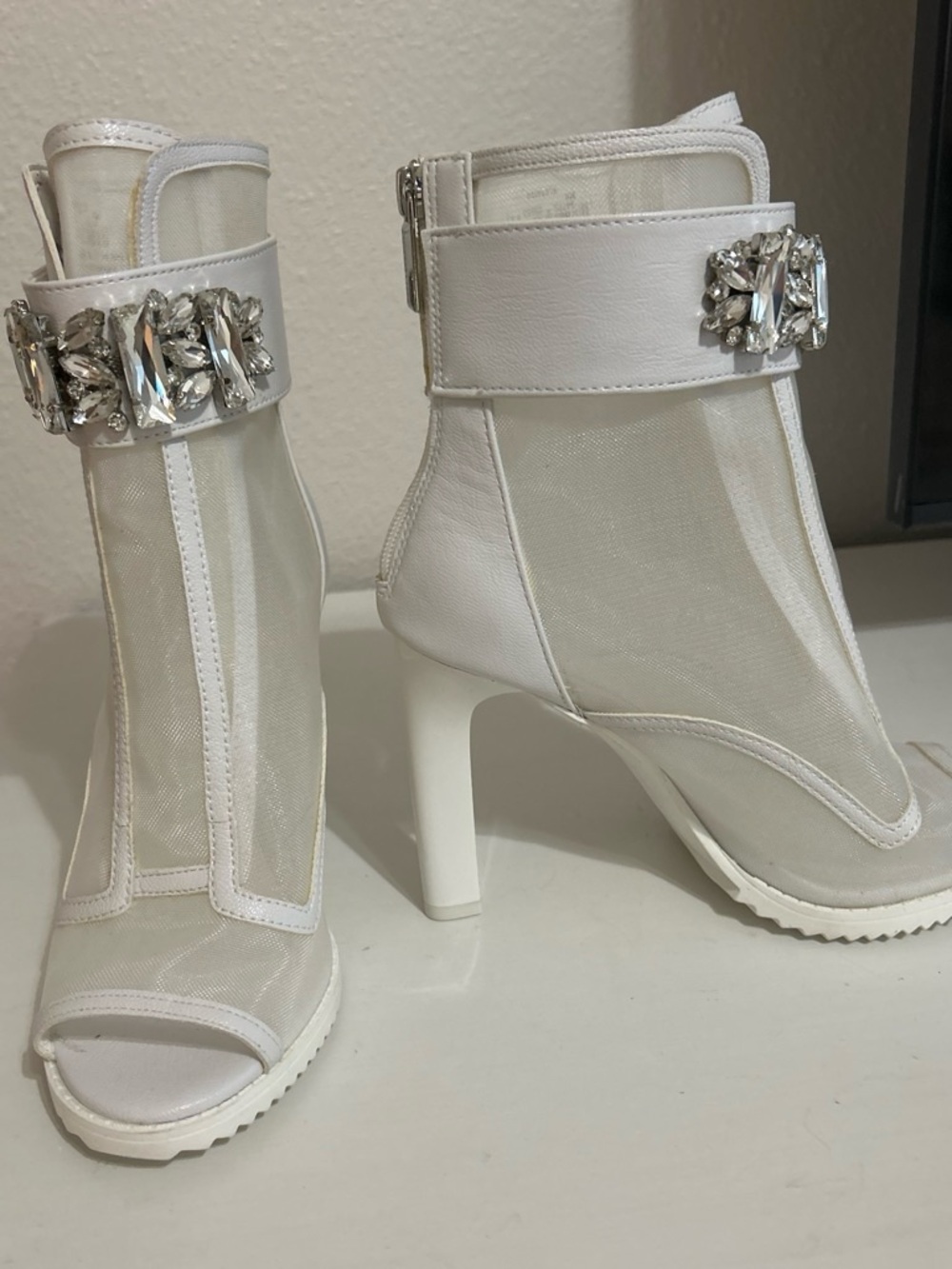 Karl Lagerfeld White Mesh Crystal Strap Ankle Booties
